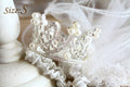 White pearl tiara crown with ornate silver filigree and ruffled veil—size S