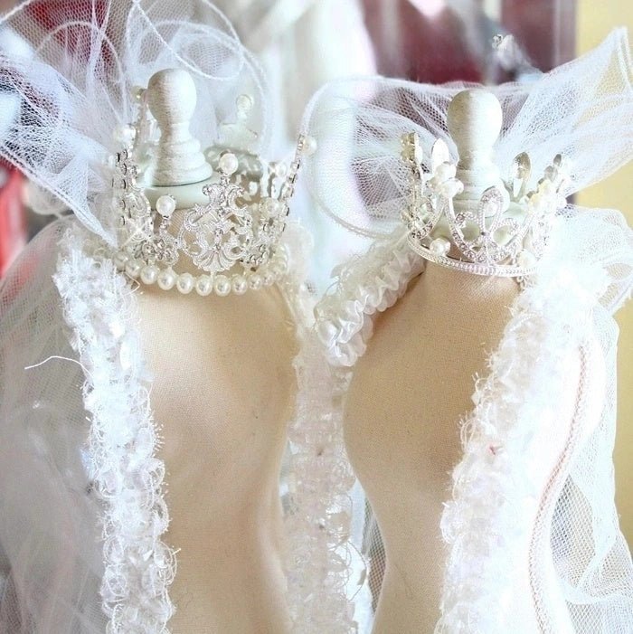 White tulle and lace pet veil with pearl crown tiara and beaded floral detail