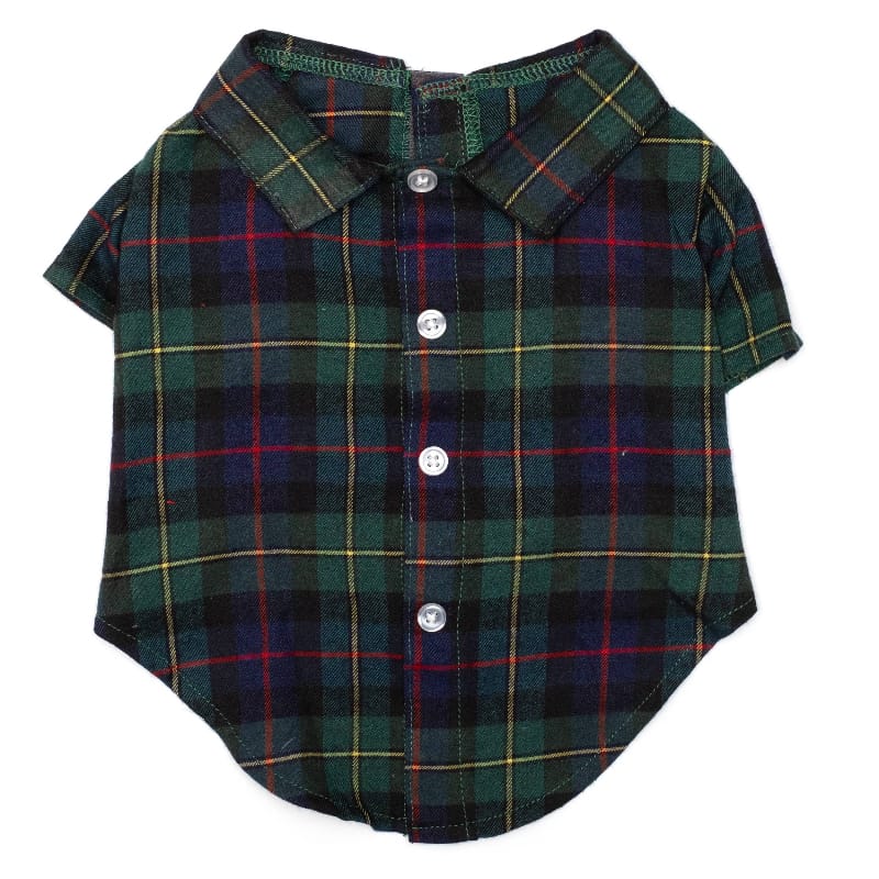 Tartan plaid dog shirt with forest green and navy collared button front