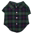Tartan plaid dog shirt with forest green and navy collared button front