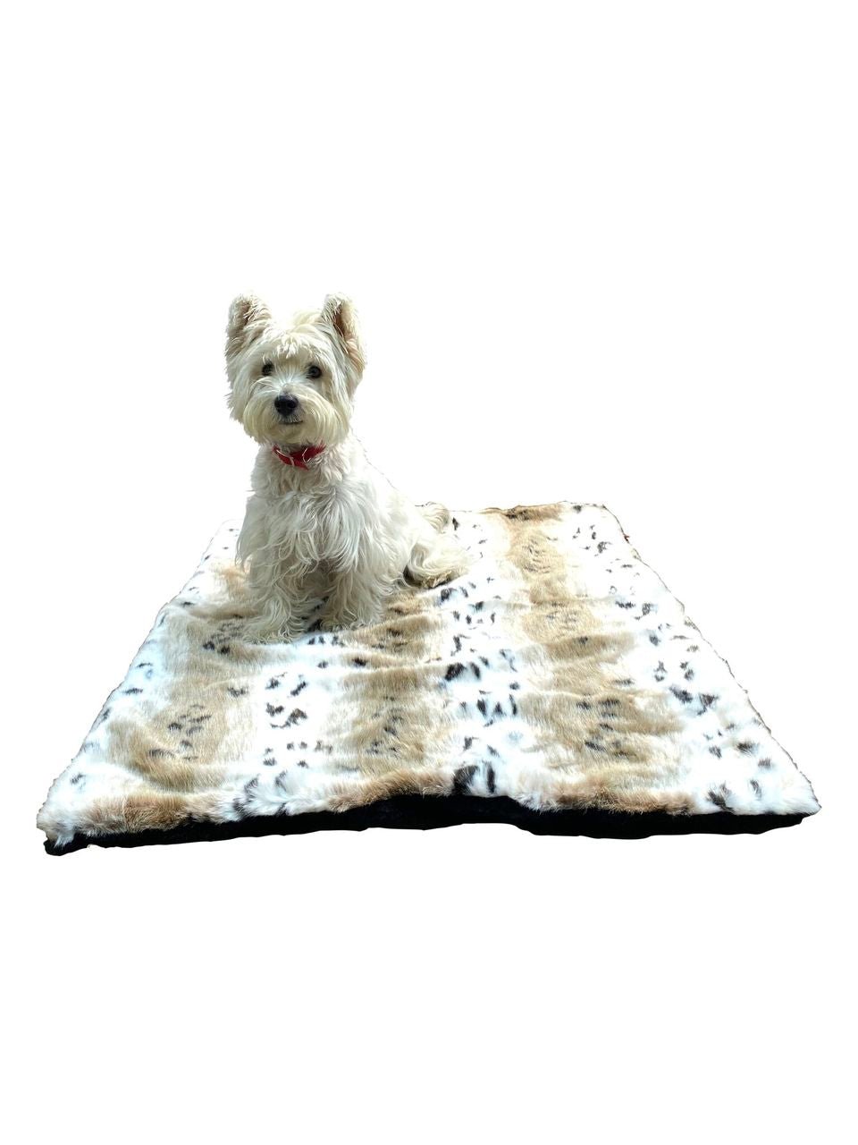 Plush pet mat with animal-print design and stitched edge, plus sitting white dog topper
