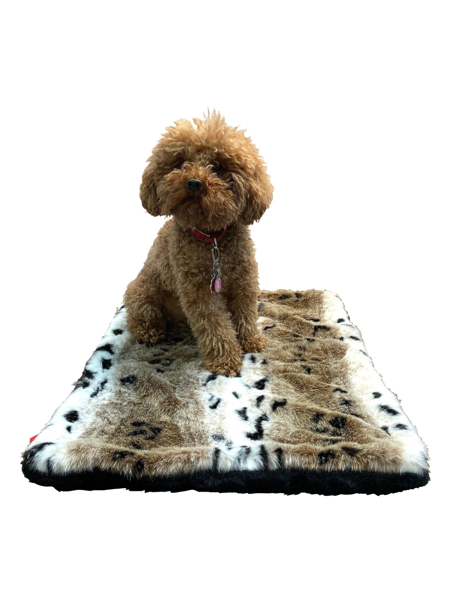 Plush pet mat with animal-print design and stitched edge, plus sitting small dog topper