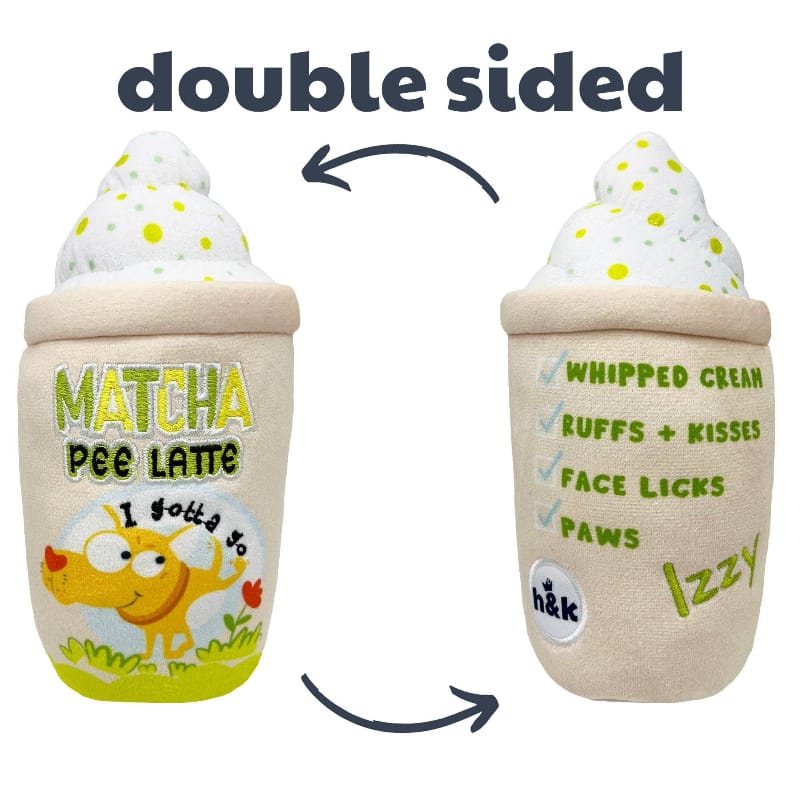 Plush squeaky dog toy, double-sided drink cup with matcha-themed text and lime speckles