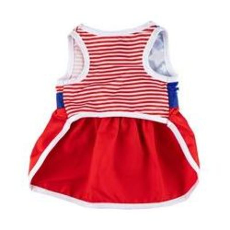 Americana flag pet dress, striped top and red skirt with blue bow accents on sides