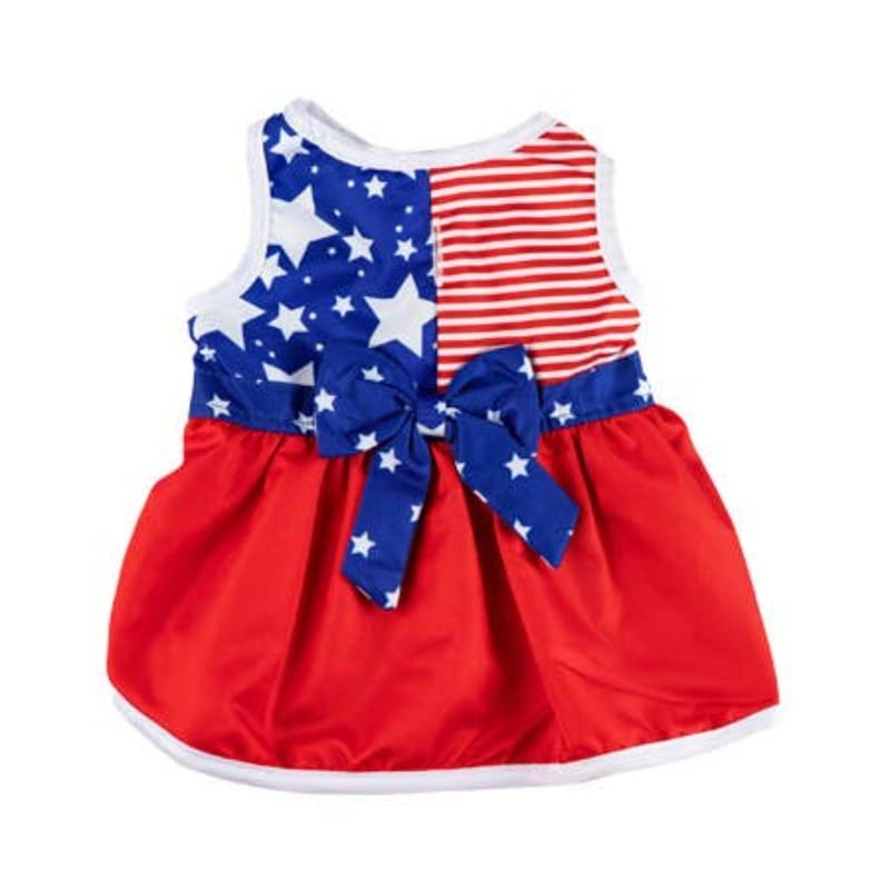 Americana flag pet dress with blue star bodice and red skirt, sleeveless, white trim