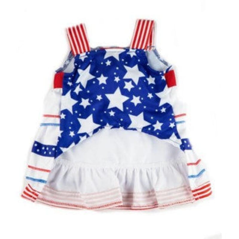 Stars ruffle pet dress with sleeved blue bodice, striped cuffs, and white gathered skirt
