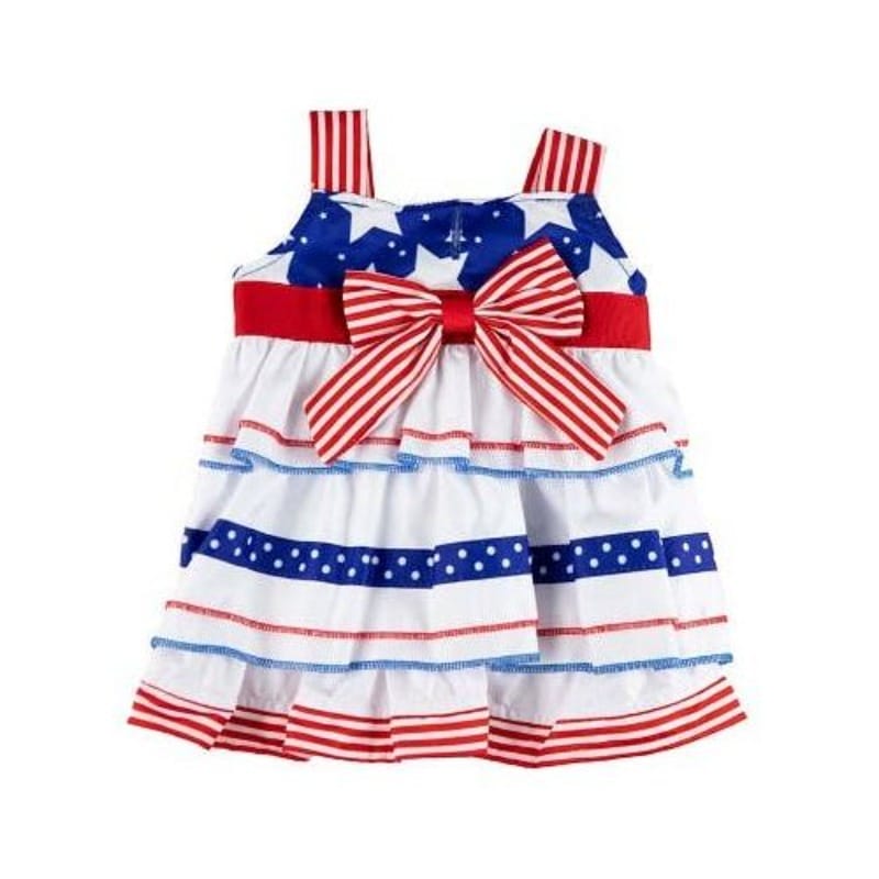 Stars and stripes ruffle pet dress with red bow and striped layered skirt