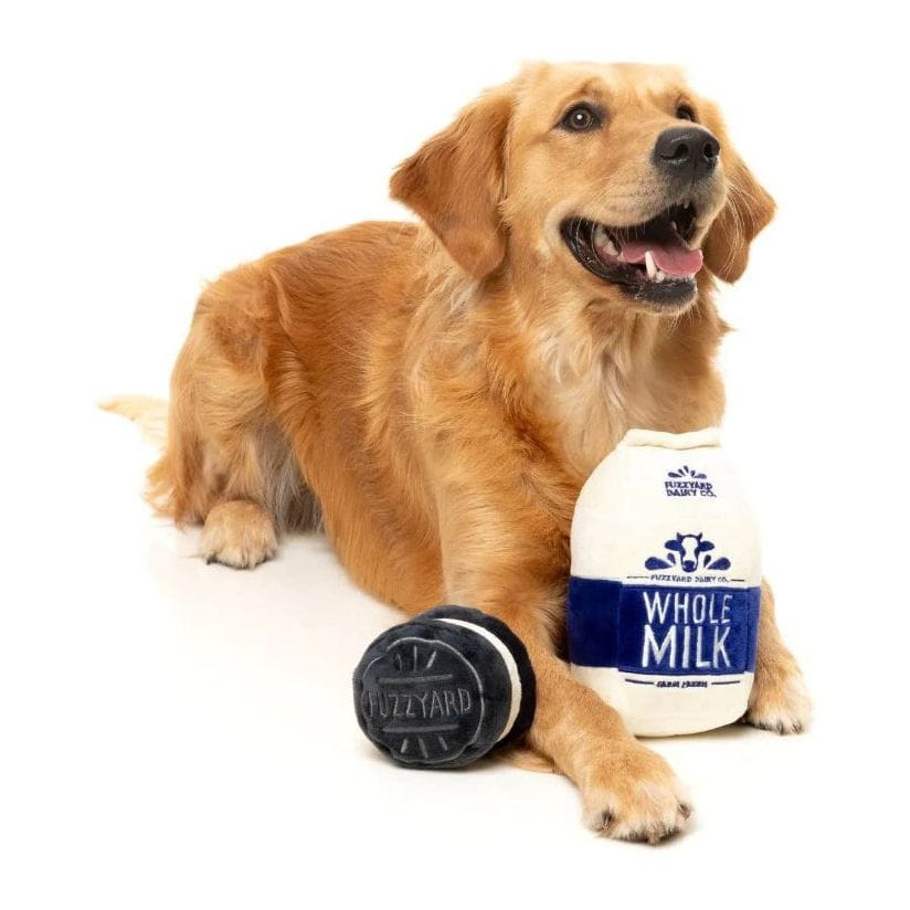 Plush milk bottle and dark cookie toy with golden dog, whole milk design, 2-pack