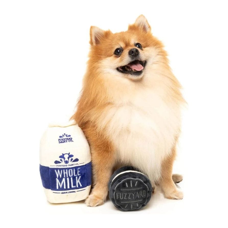 Plush whole milk bottle and dark cookie toy with tan dog sitting, 2-pack