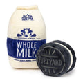 Plush milk bottle and cookie-shaped dog toys, cream and dark blue, 2-pack