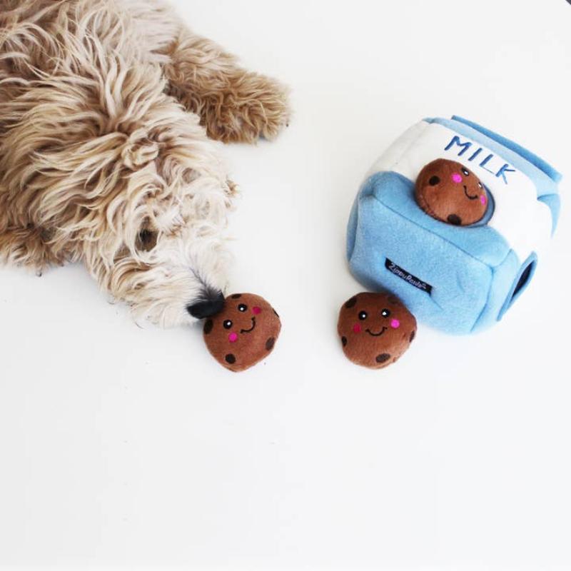 Plush interactive dog toy, blue milk carton with MILK label and two brown cookie plush pieces