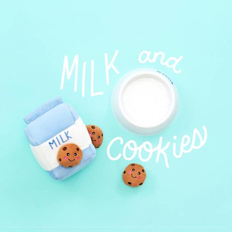 Plush interactive dog toy, blue milk carton plus small brown cookie treats and play pieces