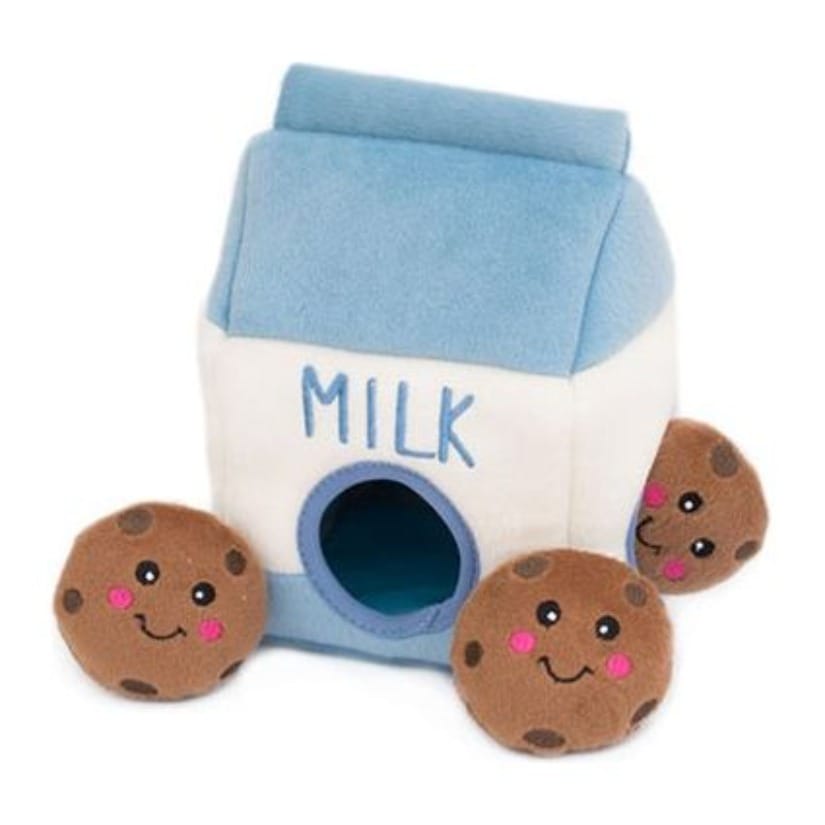 Plush interactive dog toy, blue milk carton with MILK print and three brown cookie balls