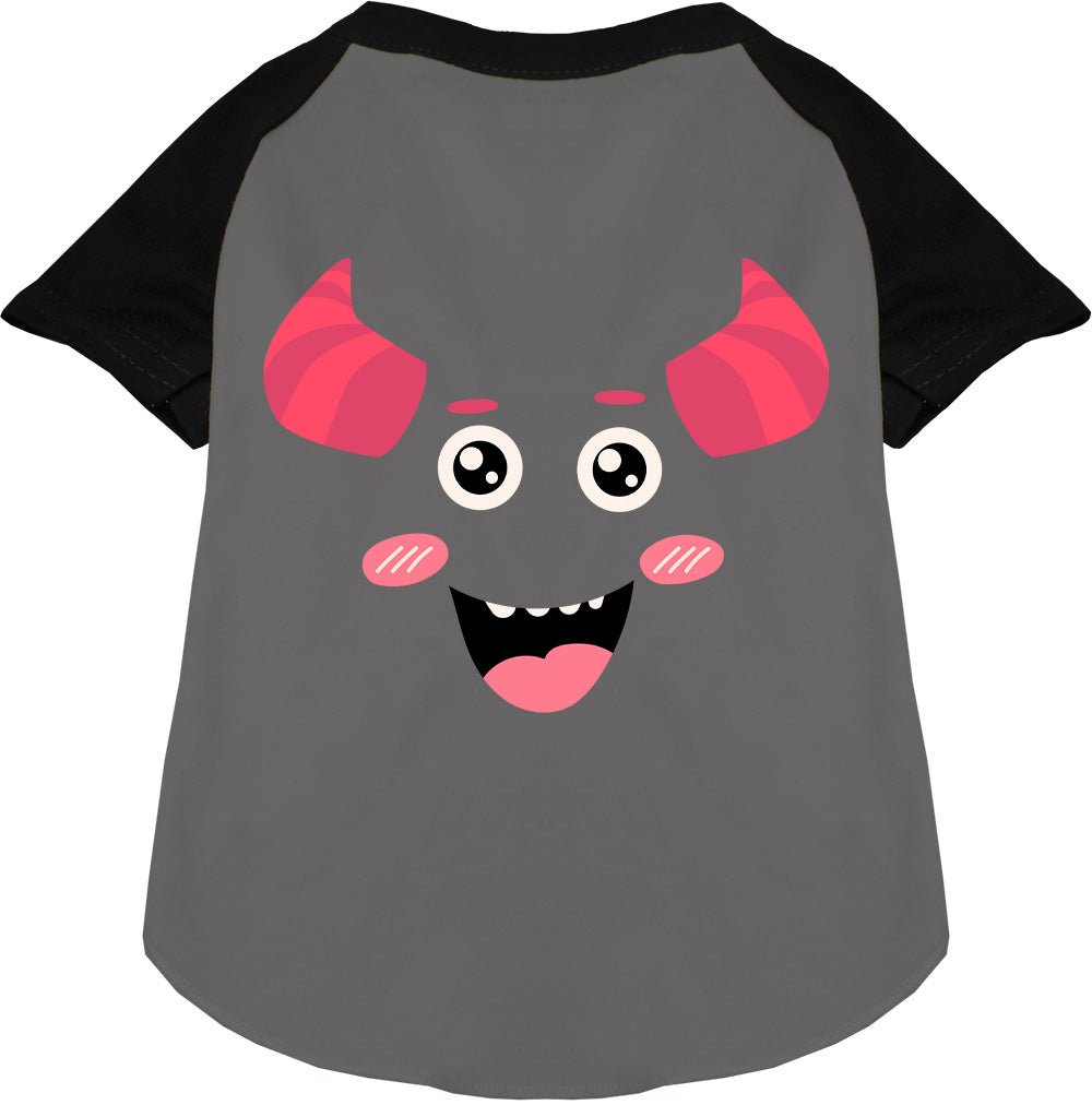 Grey pet raglan shirt with mauve monster graphic and black raglan sleeves