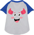 White pet raglan shirt with mauve monster graphic and blue raglan sleeves