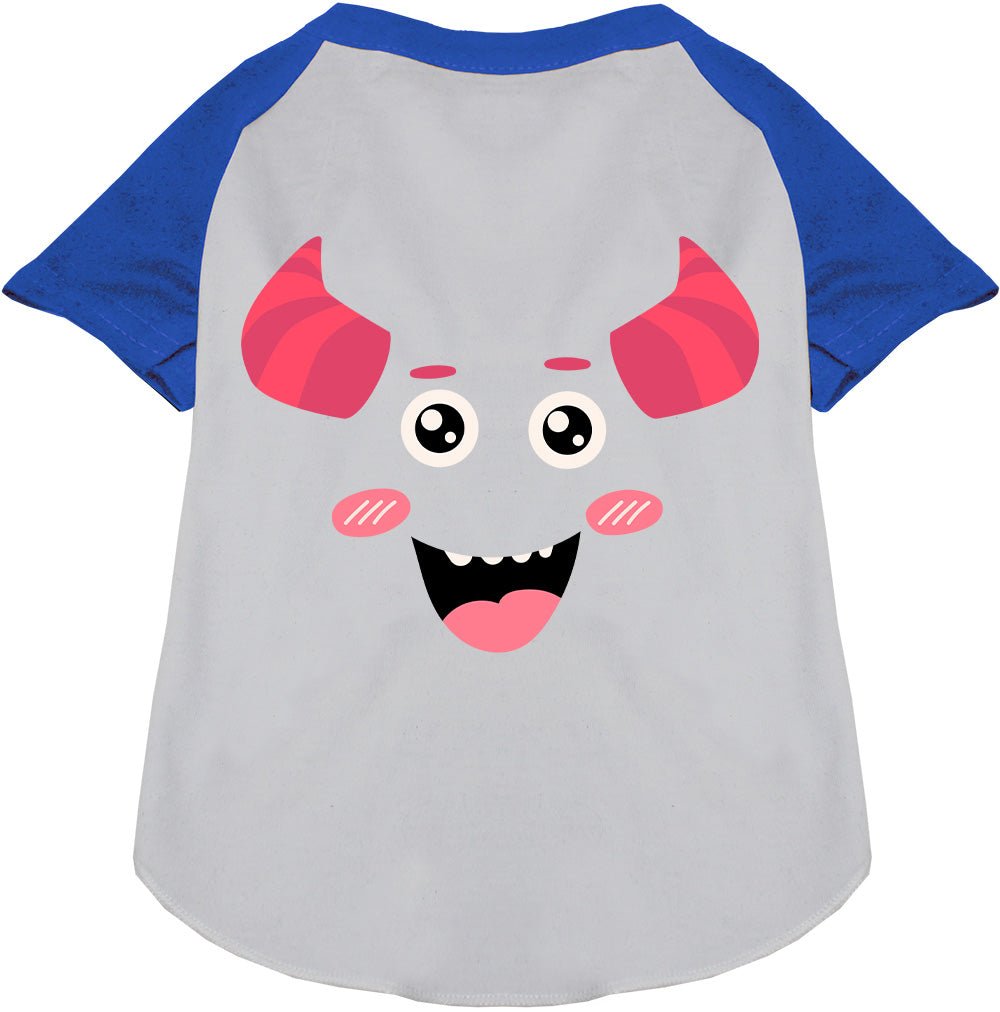 White pet raglan shirt with mauve monster graphic and blue raglan sleeves