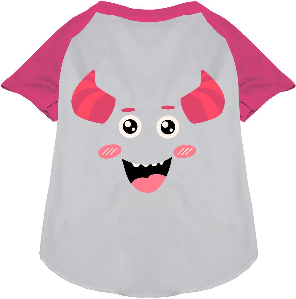 White pet raglan shirt with mauve monster graphic, pink sleeves and face print