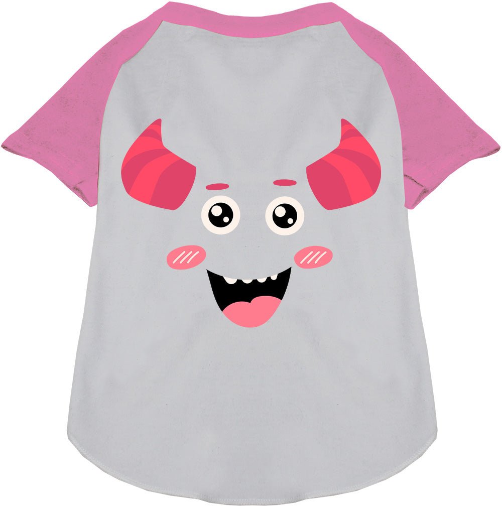 White pet raglan shirt with mauve monster graphic and pink raglan sleeves