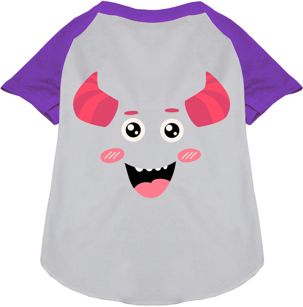 White pet raglan shirt with mauve monster graphic and purple raglan sleeves
