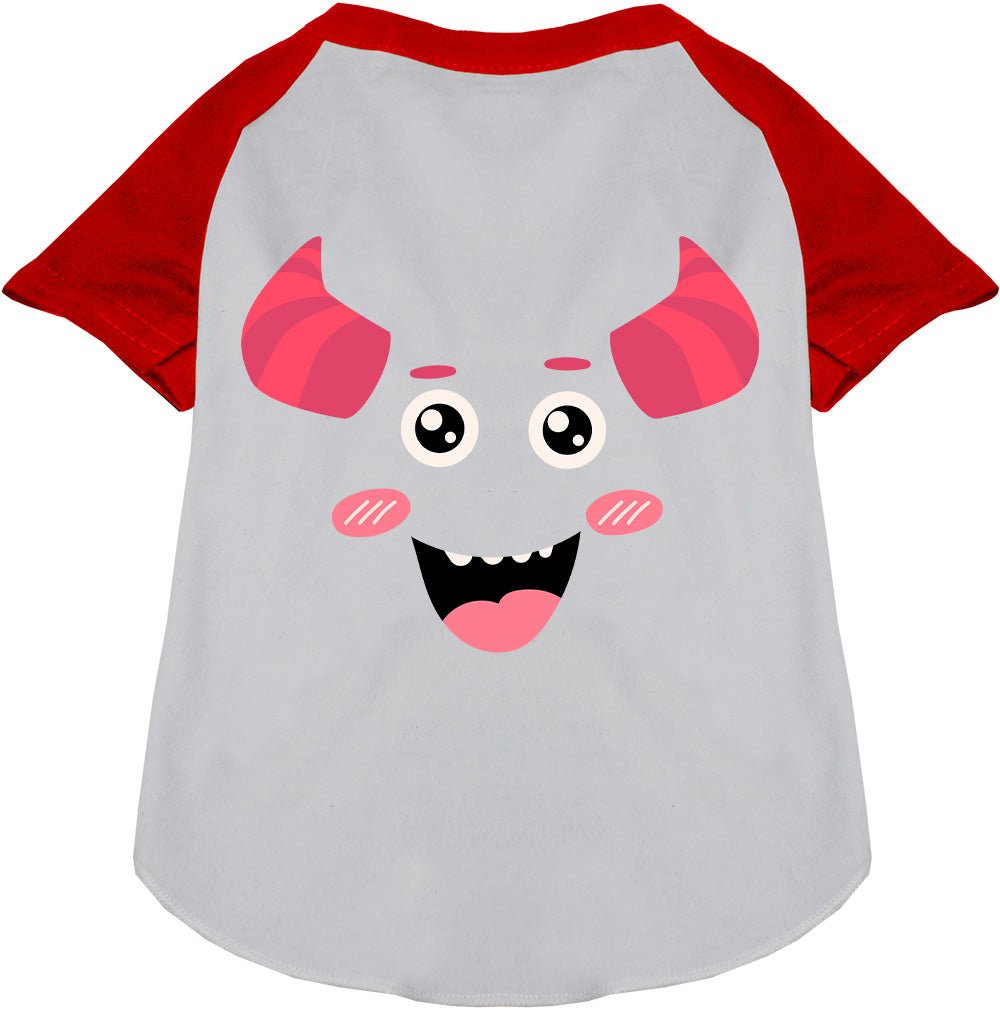 White pet raglan shirt with mauve monster graphic and red raglan sleeves