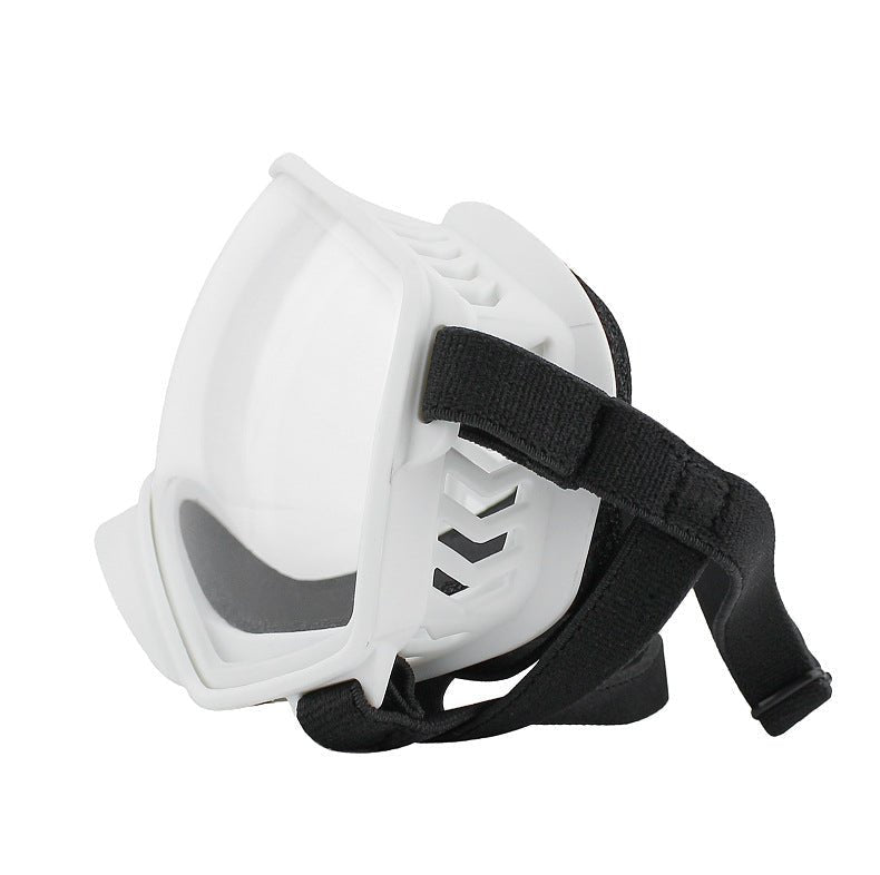 White protective motorcycle dog goggles with clear lens and black side strap detail