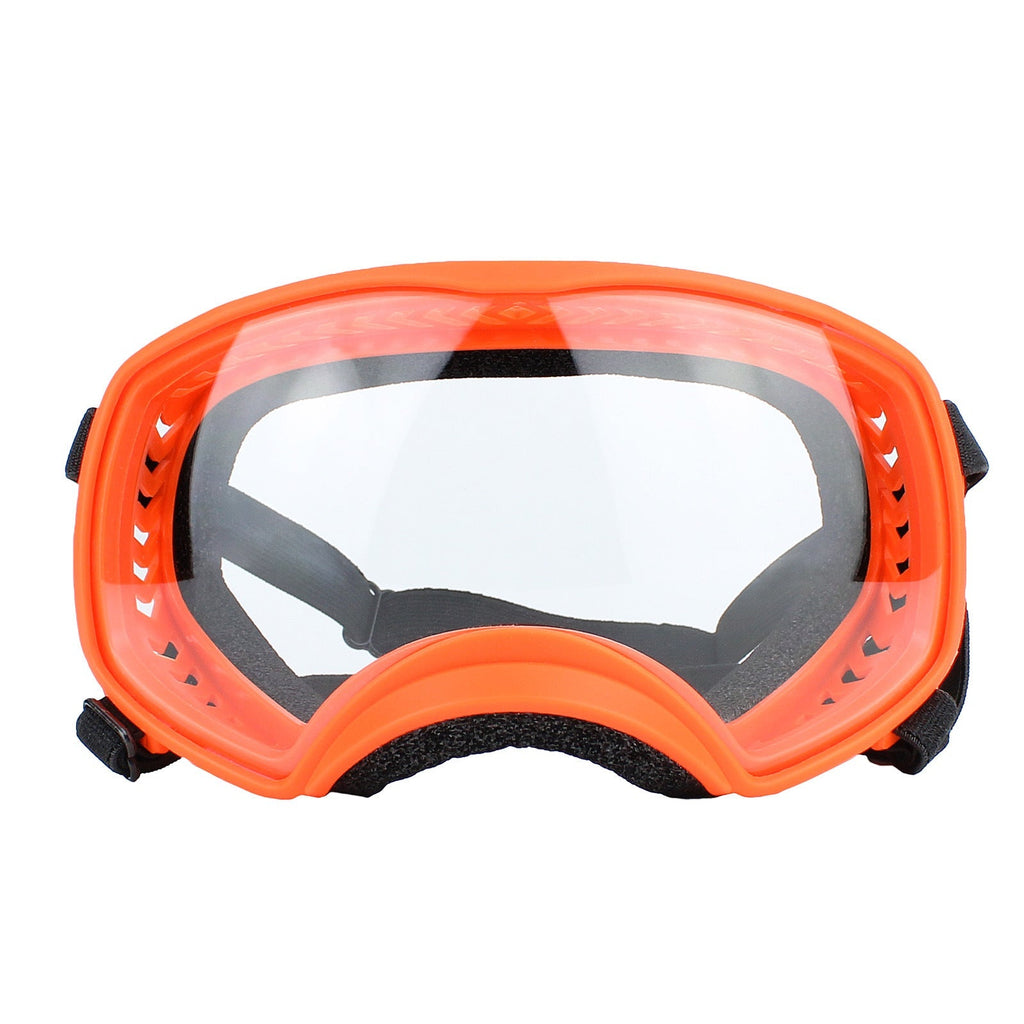 Orange motorcycle dog goggles with clear lens and black foam padding for large dogs