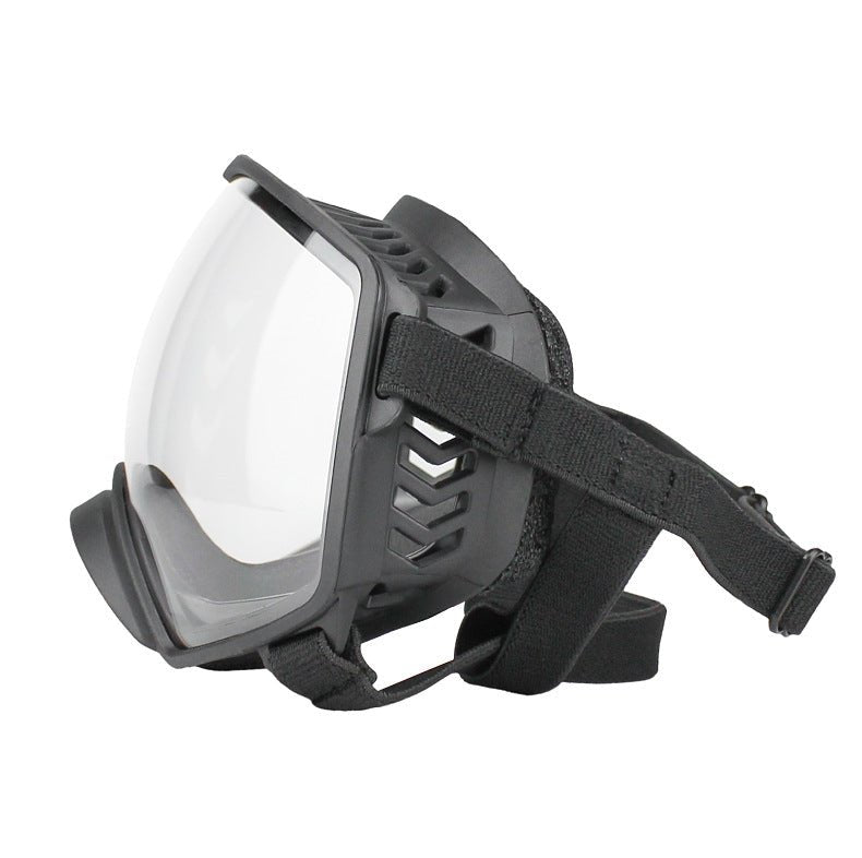 Gray motorcycle dog goggles with clear lens and black foam padding and strap