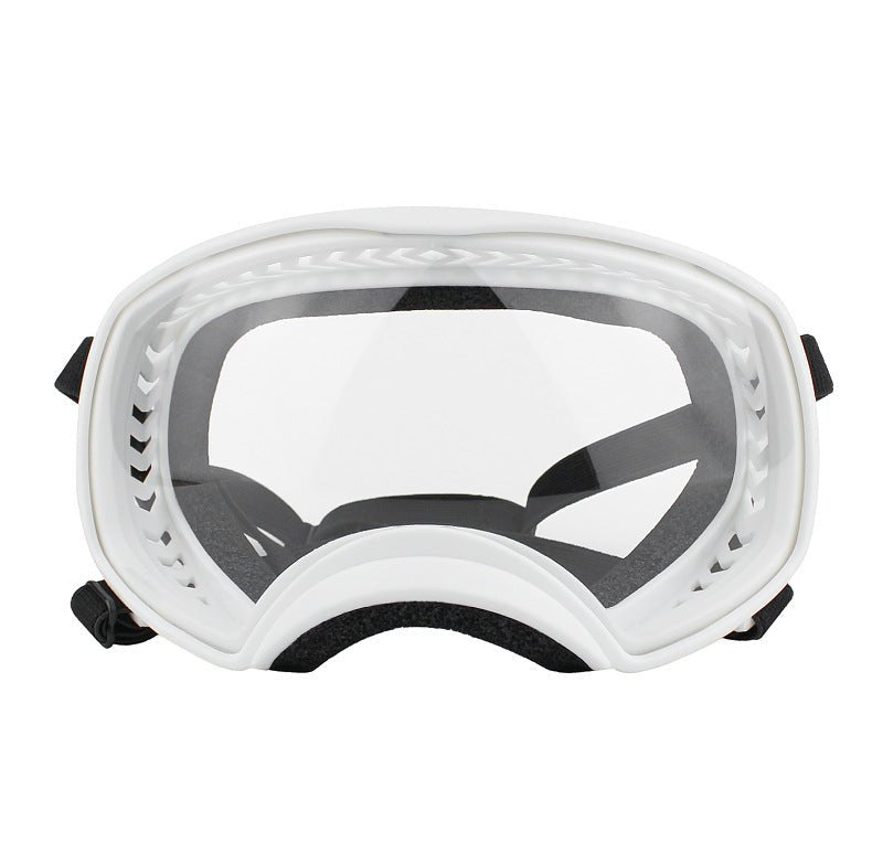 White motorcycle dog goggles with clear lens and black foam trim for large dogs