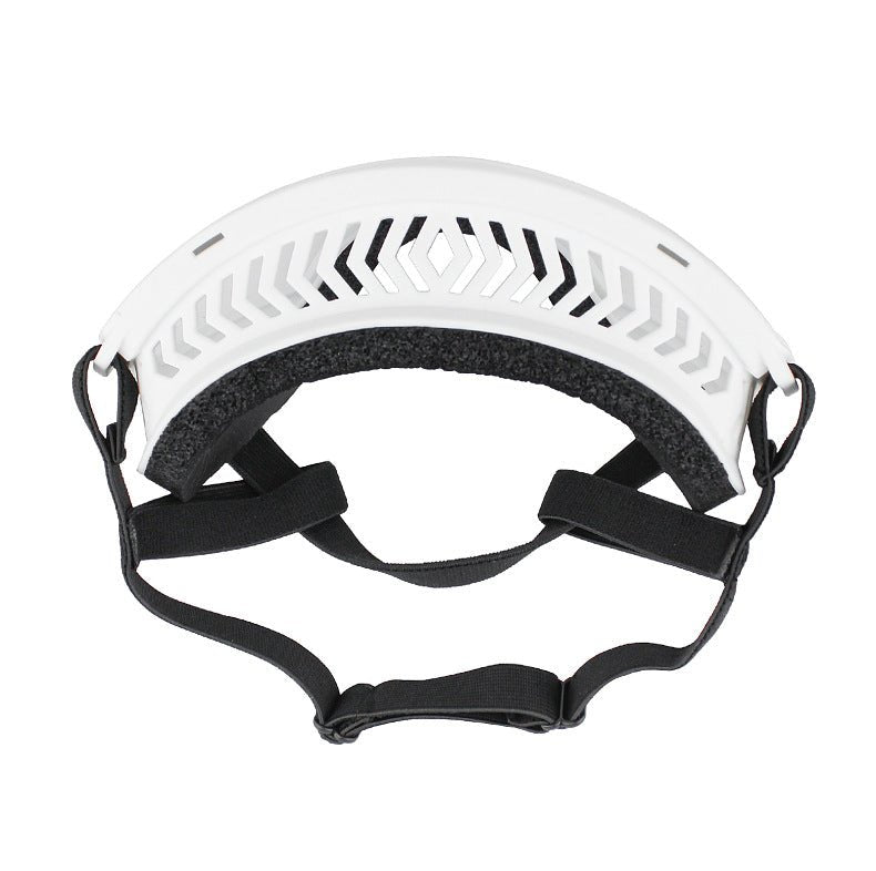 White motorcycle dog goggles with clear lens and black adjustable strap for large dogs