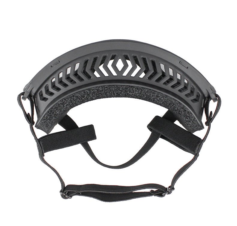 Black motorcycle dog goggles with dark lens and black adjustable chin strap