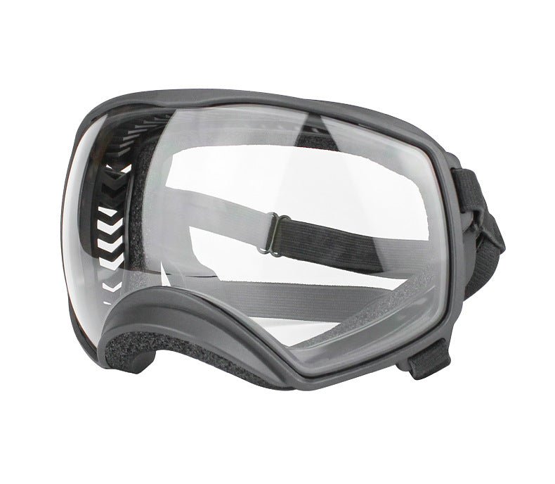 Gray motorcycle dog goggles with tinted clear lens and black adjustable strap