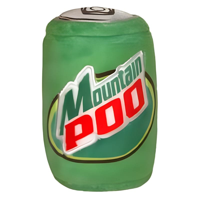 Green plush squeaky dog toy shaped like a cylinder with a Mountain-themed graphic