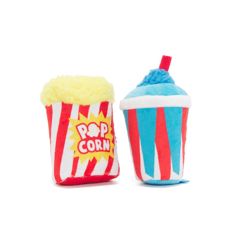 Plush dog toy set: red-and-white popcorn cup and blue-striped treat cupcake