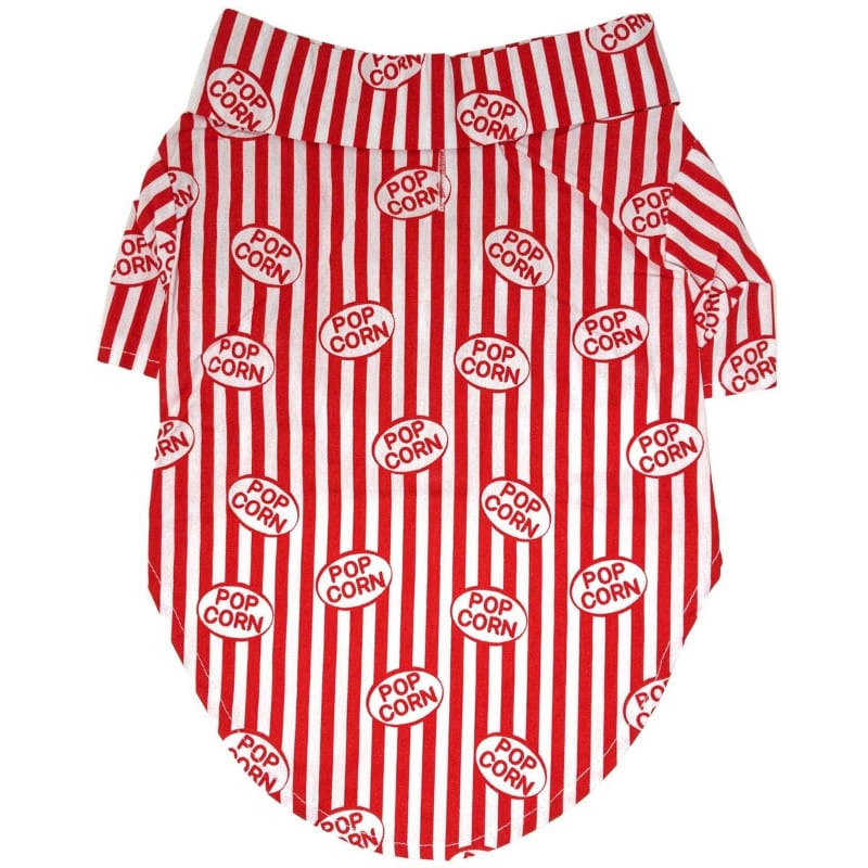 Red and white striped camp dog shirt with popcorn icons, short sleeves, band collar.