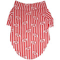 Red and white striped camp dog shirt with popcorn icons, short sleeves, band collar.
