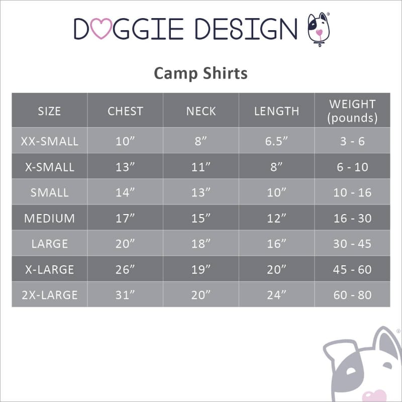 Size chart for camp shirts: chest, neck, length, and weight ranges.