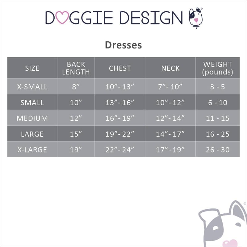 DOGGIE DESIGN dresses size chart with back length, chest, neck, and weight