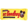 Mr. Goodboy yellow plush dog toy with bone shape and dog logo patch