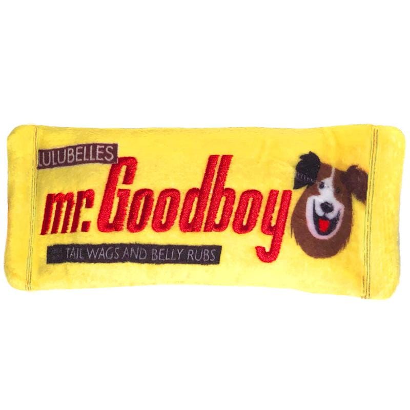 Mr. Goodboy yellow plush dog toy with bone shape and dog logo patch