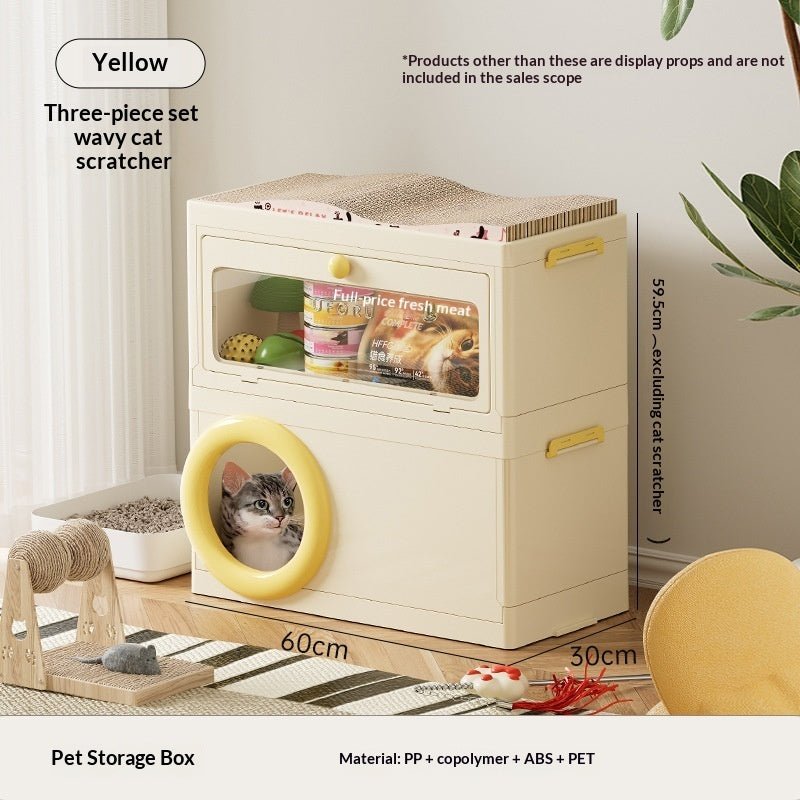 Cream pet storage box with top scratch pad, front window, yellow cat scratch ring