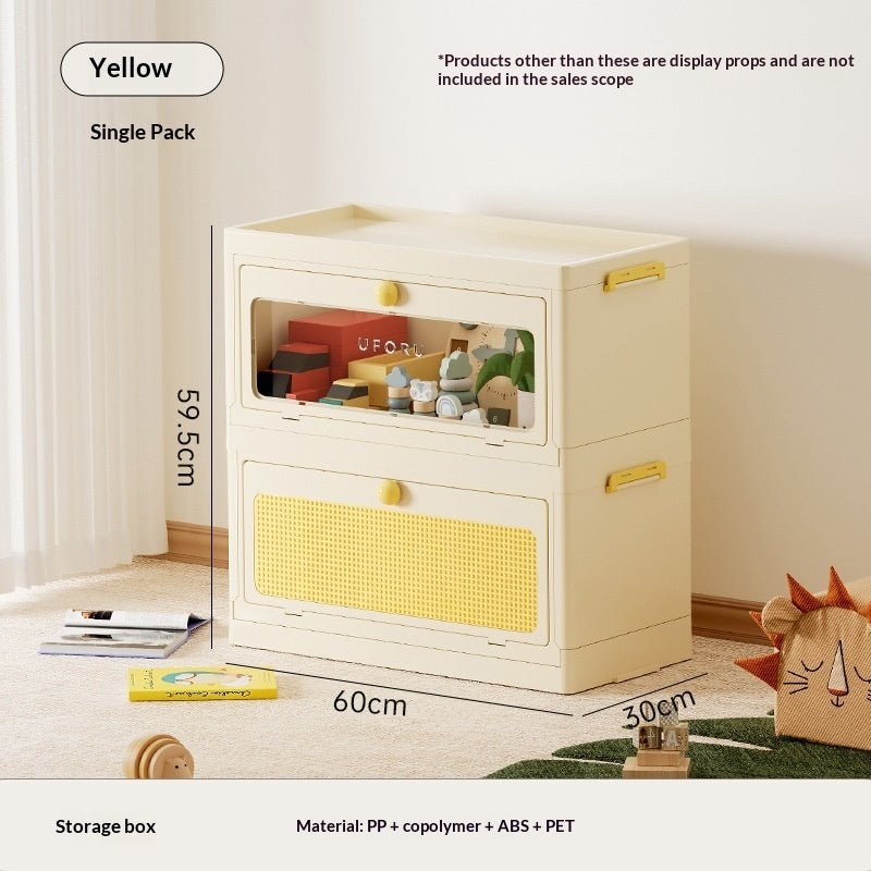 Yellow single pet storage box with window front and two drawer-style panels