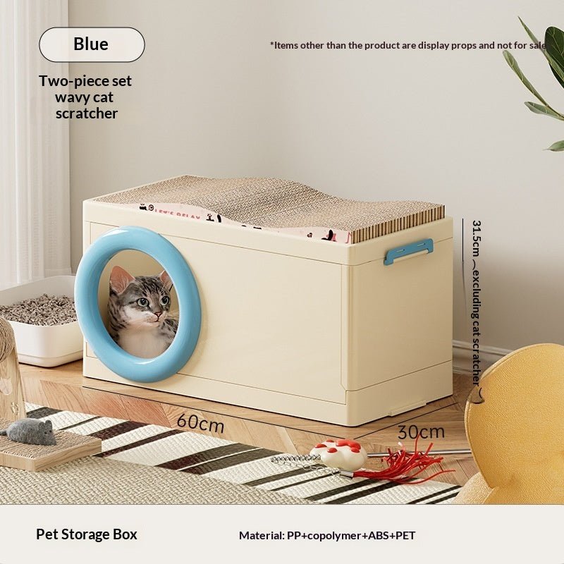 Cream pet storage box with blue round cat tunnel and two front drawer doors