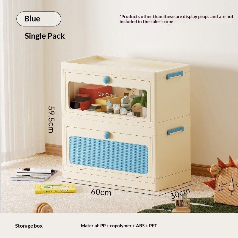 Blue single pet storage box with window front and two drawer-style panels