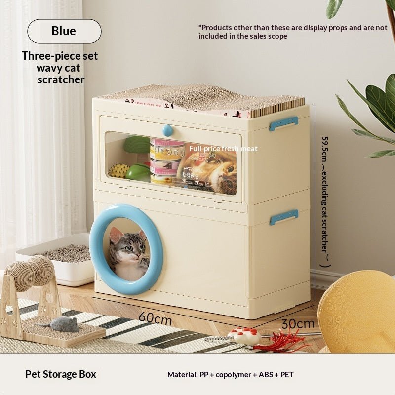 Cream pet storage box with top scratch pad, front window, blue cat scratch ring