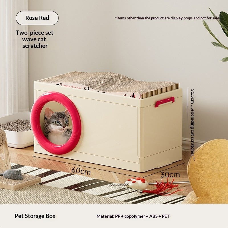 Cream pet storage box with red round cat tunnel and two front drawer doors