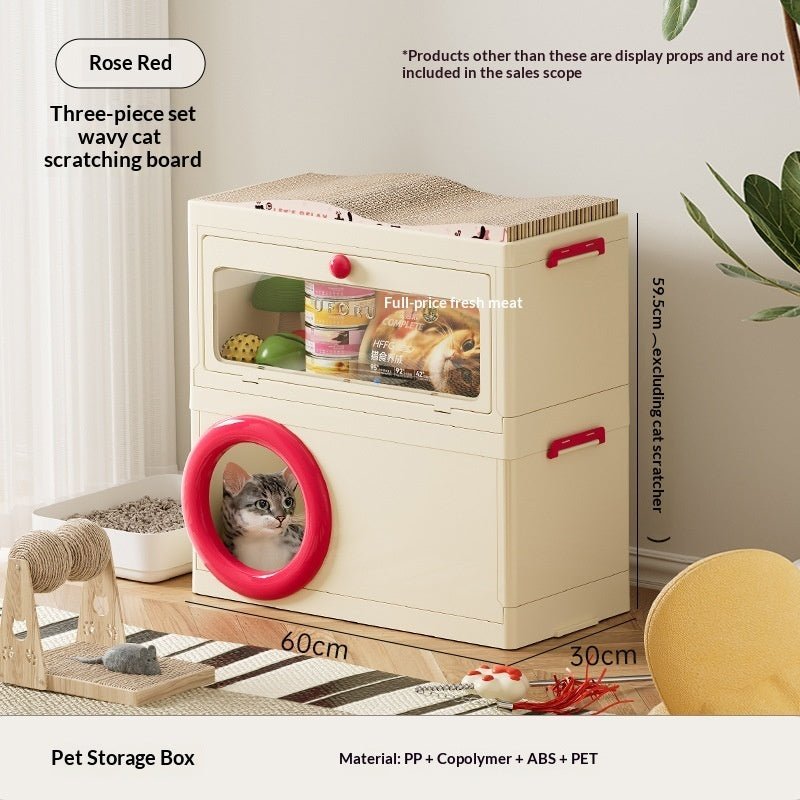 Cream pet storage box with top scratch pad, front window, rose red cat scratch ring