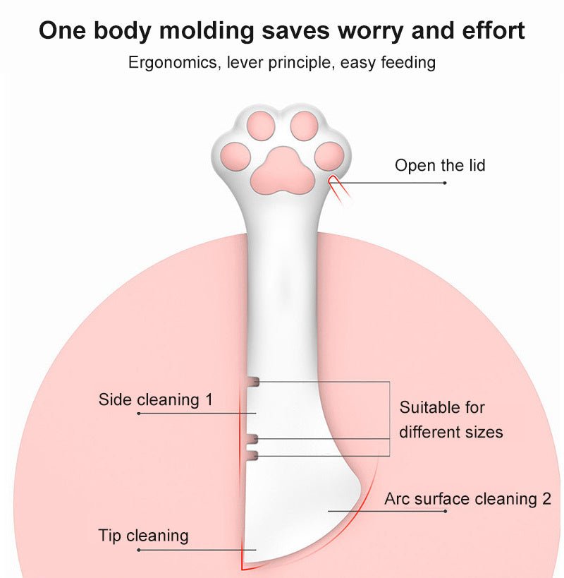 Pet silicone can opener spoon showing cleaning zones and paw-shaped handle tip