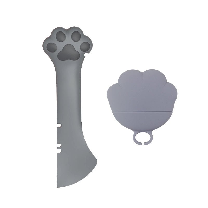Gray pet silicone can opener spoon with paw-print top and matching lid ring tool