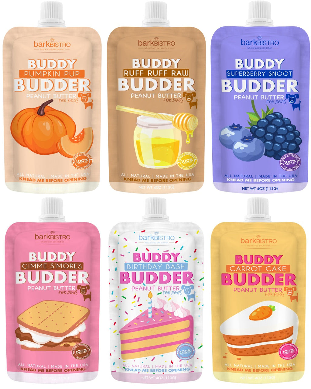 6 Pack BUDDY BUDDER (4oz Squeeze Packs) - 100% all natural dog peanut butter, Made in USA