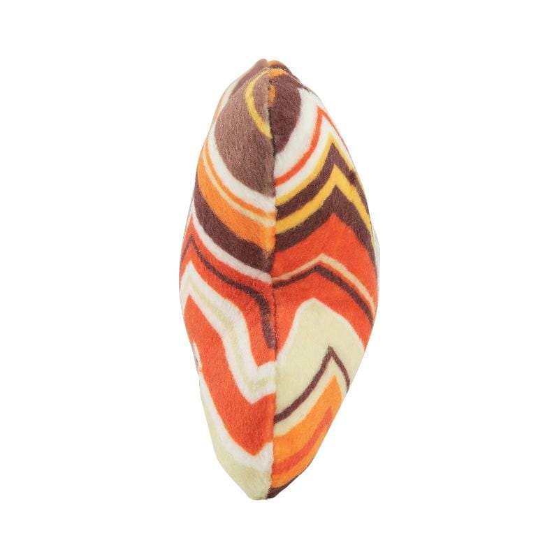 Muttsoni plush dog bone squeaker toy, end view, zigzag chevron fabric